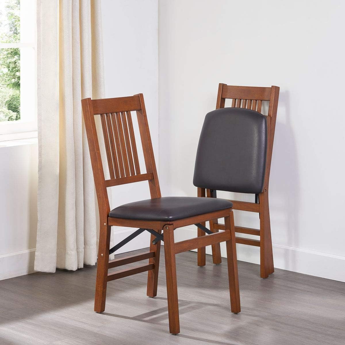 MECO Stakmore True Mission Wooden Folding Chairs with Padded Seats, Set of 2 - No Assembly Foldable Dining Chairs, Steel Folding Mechanism, Upholstered Cushion, Space-Saving, Fruitwood Frame