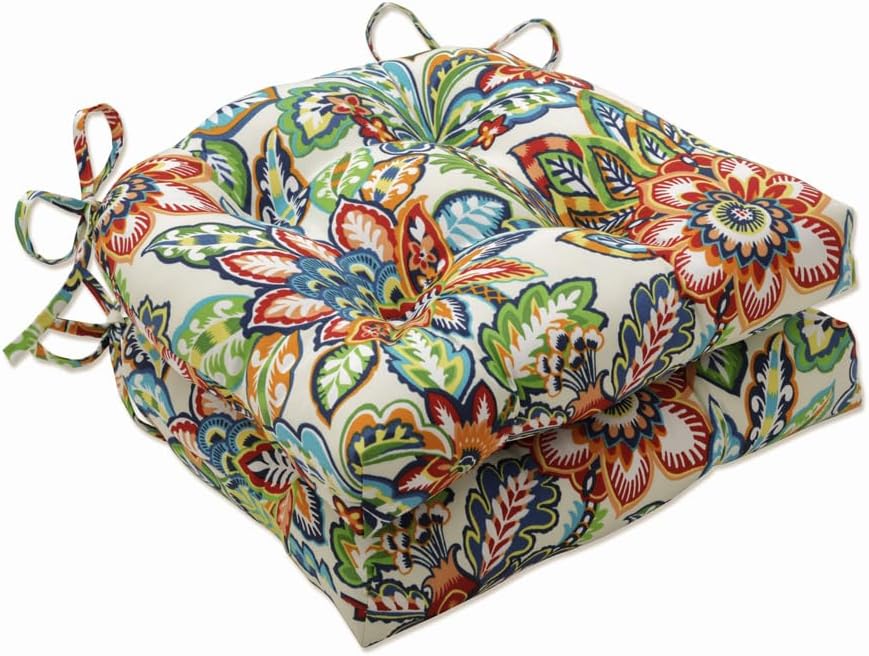 Pillow Perfect Bright Floral Indoor/Outdoor Chairpad with Ties Reversible, Tufted, Weather, and Fade Resistant, 15.5" x 16", Ivory Alastriste 2 Count