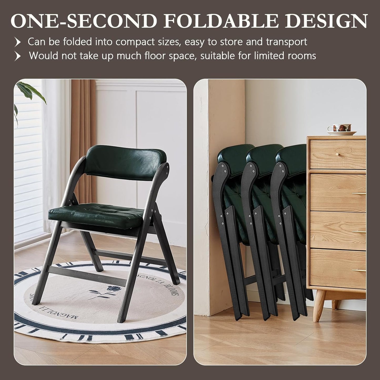Wooden Folding Chairs Set of 2, Folding Chairs with Padded Seats, 31" Stackable Folding Dining Chairs, Folding Extra Chair for Banquet Room, Bedroom, Party Chairs, Blackgreen