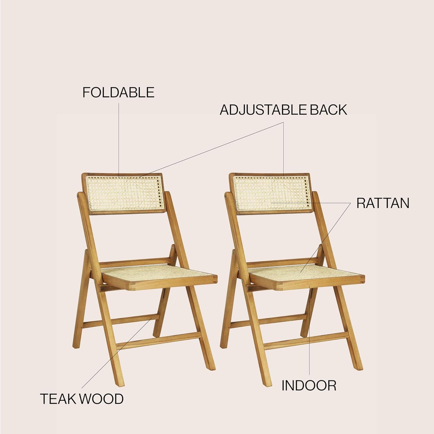 JONATHAN Y FLD1000A-SET2 Theo Mid-Century Vintage Wood Rattan Folding Chair with Adjustable Back Modern, Traditional, Bohemian, Classic, Scandinavian, Minimalist, Light Brown (Set of 2)