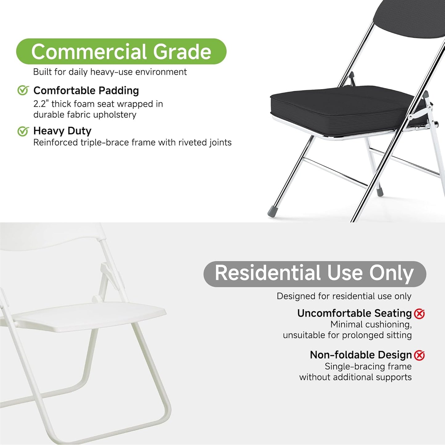 Real Relax Folding Chairs with Padded Thick Seat, Durable Corduroy Fabric, Portable Stackable Commercial Folding Office Chair with Steel Frame for Events Office Wedding Party, 350LB, 6 Pack, Black