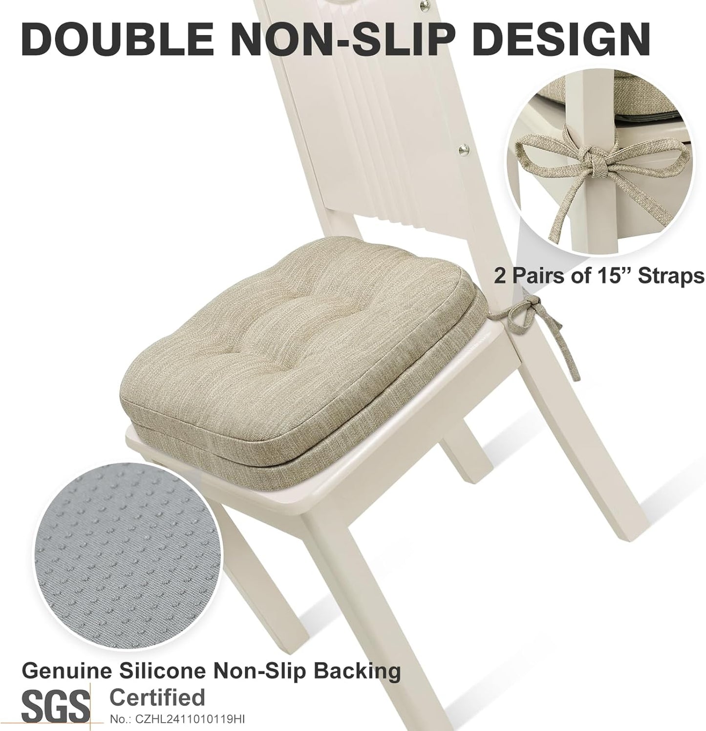 Shinnwa Dining Chair Cushions Set of 6, Dual-Layer Memory Foam Kitchen Chair Cushions, Patented Design Seat Pads with Ties, 16.5 x 16.5 x 3.5in, 6 Pack, Beige