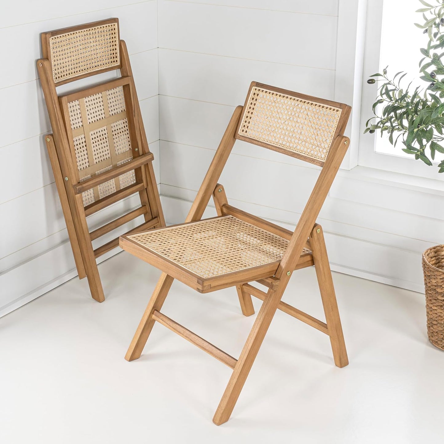JONATHAN Y FLD1000A-SET2 Theo Mid-Century Vintage Wood Rattan Folding Chair with Adjustable Back Modern, Traditional, Bohemian, Classic, Scandinavian, Minimalist, Light Brown (Set of 2)