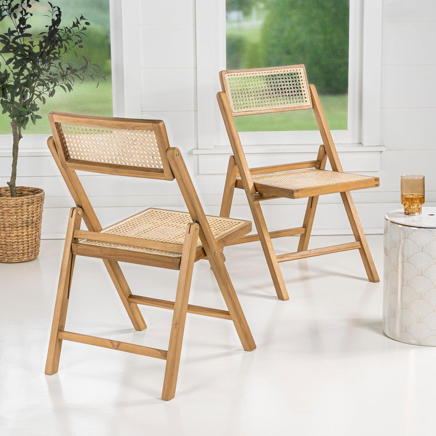 JONATHAN Y FLD1000A-SET2 Theo Mid-Century Vintage Wood Rattan Folding Chair with Adjustable Back Modern, Traditional, Bohemian, Classic, Scandinavian, Minimalist, Light Brown (Set of 2)