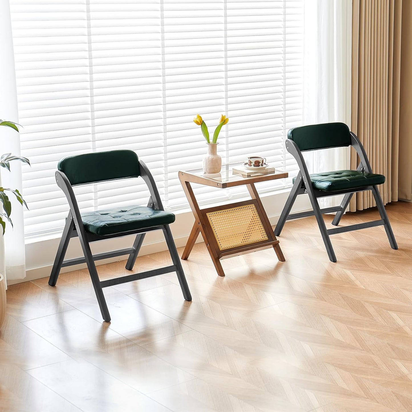 Wooden Folding Chairs Set of 2, Folding Chairs with Padded Seats, 31" Stackable Folding Dining Chairs, Folding Extra Chair for Banquet Room, Bedroom, Party Chairs, Blackgreen