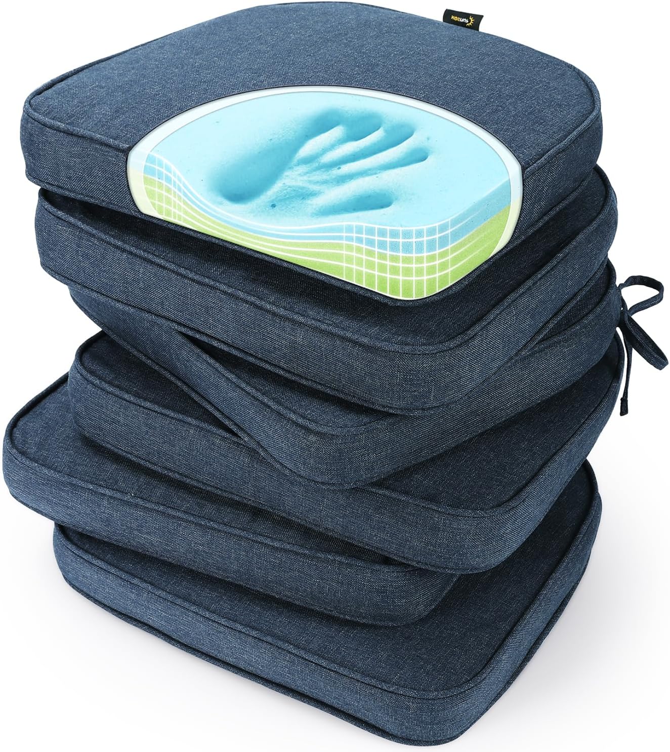 SUNROX Gel Memory Foam Chair Cushions, FadeShield Water-, Stain-Resistant Durable Reversible Seat Cushion Pads with Ties for Indoor/Outdoor Kitchen Dining Office, 17"x16", Set of 4, Cream