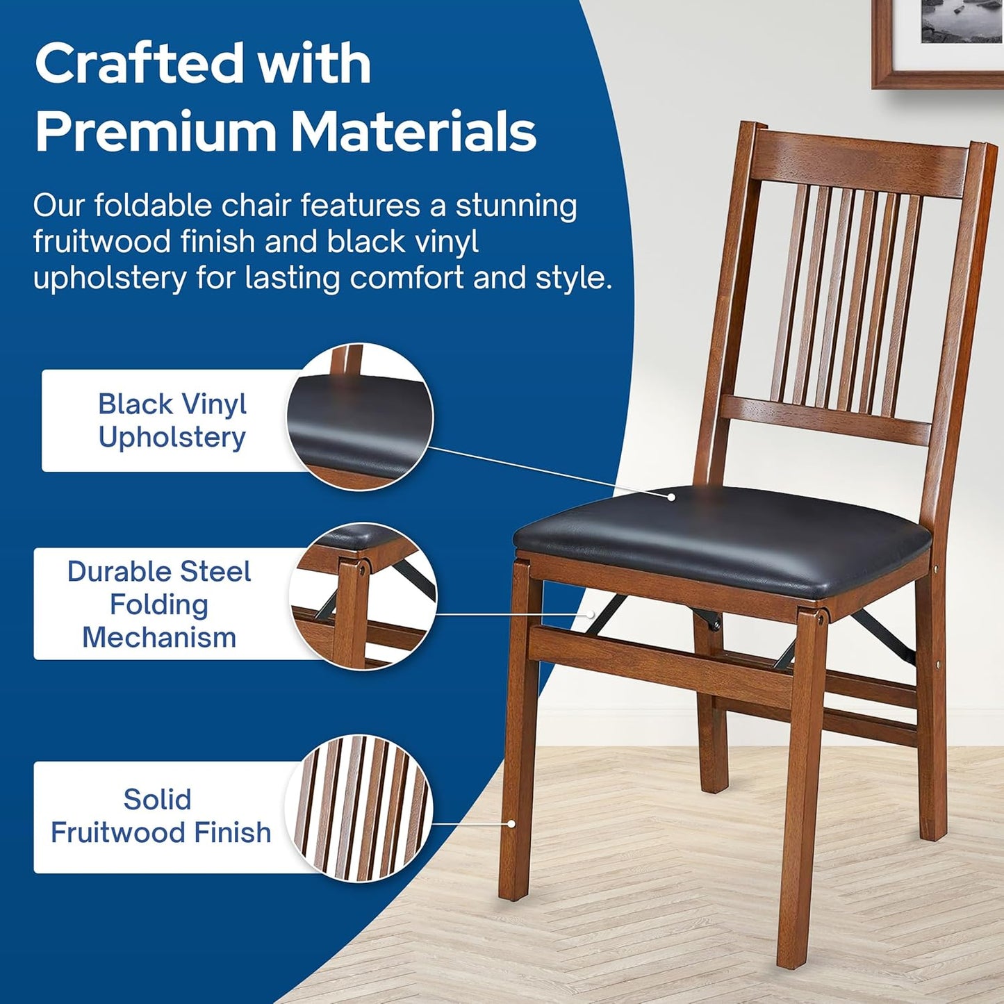 MECO Stakmore True Mission Wooden Folding Chairs with Padded Seats, Set of 2 - No Assembly Foldable Dining Chairs, Steel Folding Mechanism, Upholstered Cushion, Space-Saving, Fruitwood Frame