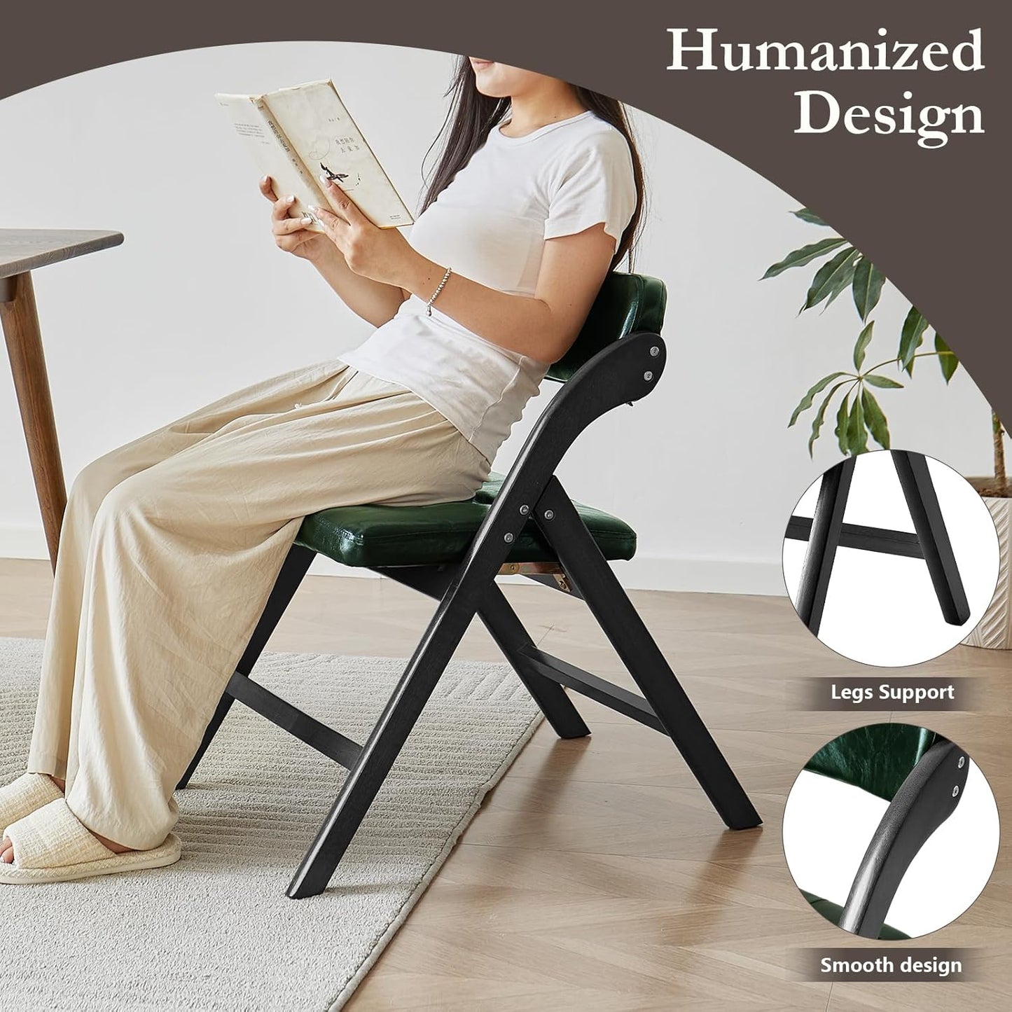 Wooden Folding Chairs Set of 2, Folding Chairs with Padded Seats, 31" Stackable Folding Dining Chairs, Folding Extra Chair for Banquet Room, Bedroom, Party Chairs, Blackgreen