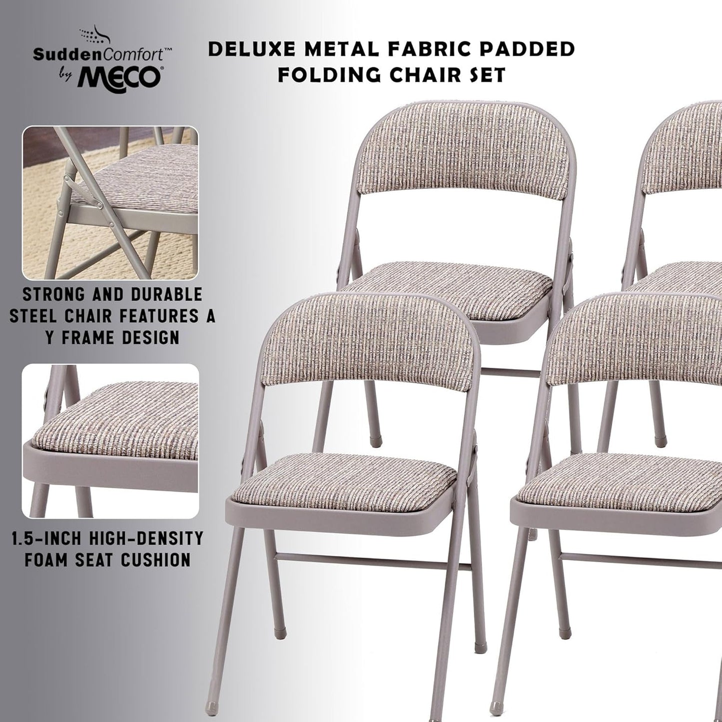 MECO Sudden Comfort Deluxe Portable Metal Fabric Padded Folding Chair for Home, Outdoor, and Office Use with Contoured Backrest, Gray (12 Pack)