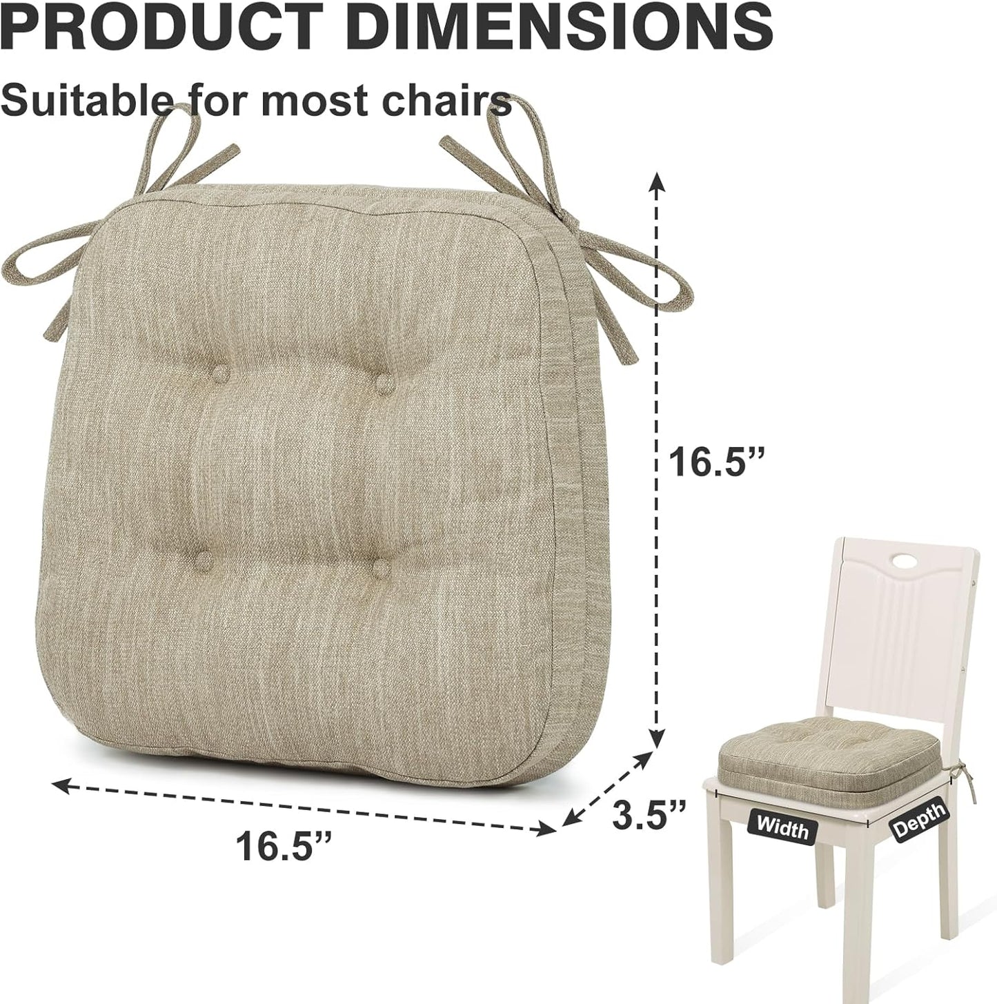 Shinnwa Dining Chair Cushions Set of 6, Dual-Layer Memory Foam Kitchen Chair Cushions, Patented Design Seat Pads with Ties, 16.5 x 16.5 x 3.5in, 6 Pack, Beige