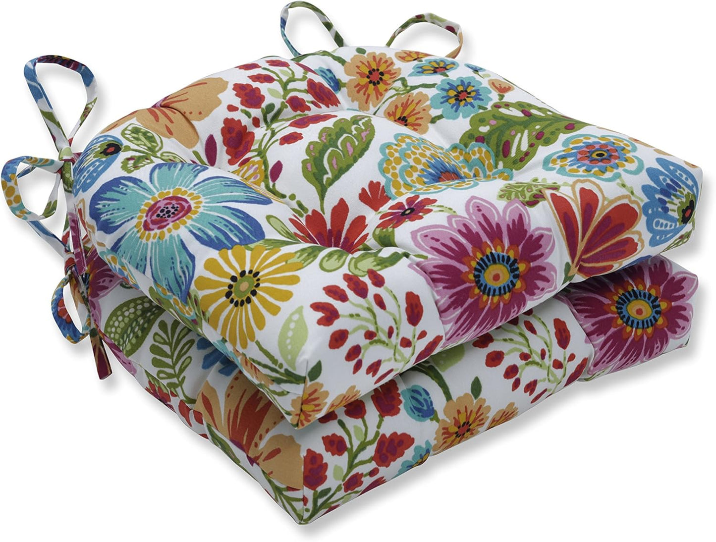 Pillow Perfect Bright Floral Indoor/Outdoor Chairpad with Ties Reversible, Tufted, Weather, and Fade Resistant, 15.5" x 16", Ivory Alastriste 2 Count