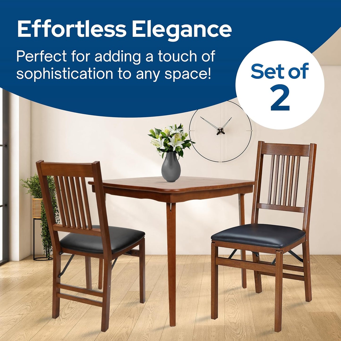 MECO Stakmore True Mission Wooden Folding Chairs with Padded Seats, Set of 2 - No Assembly Foldable Dining Chairs, Steel Folding Mechanism, Upholstered Cushion, Space-Saving, Fruitwood Frame