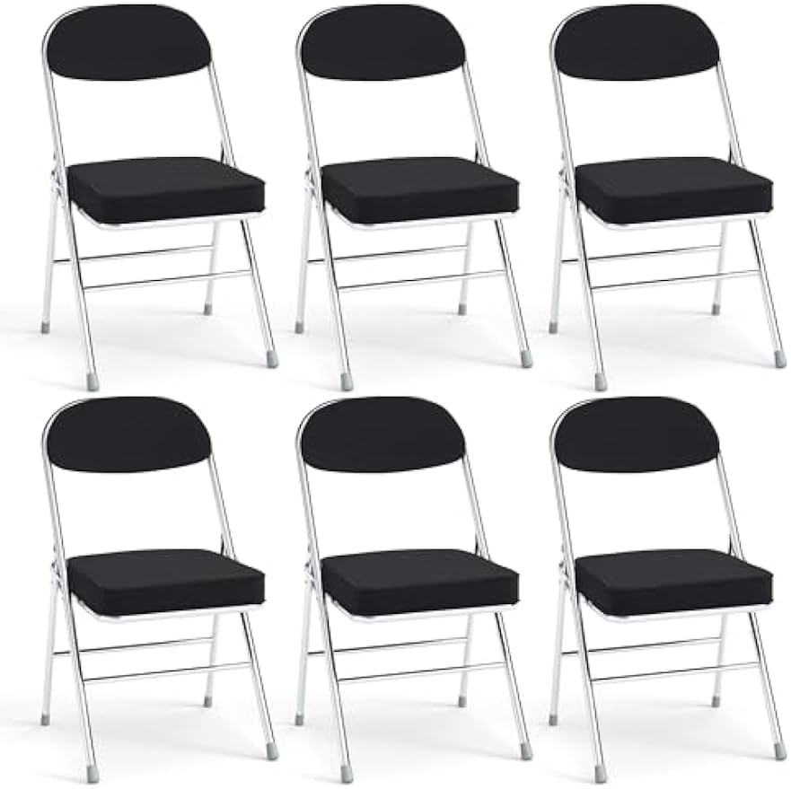 Real Relax Folding Chairs with Padded Thick Seat, Durable Corduroy Fabric, Portable Stackable Commercial Folding Office Chair with Steel Frame for Events Office Wedding Party, 350LB, 6 Pack, Black