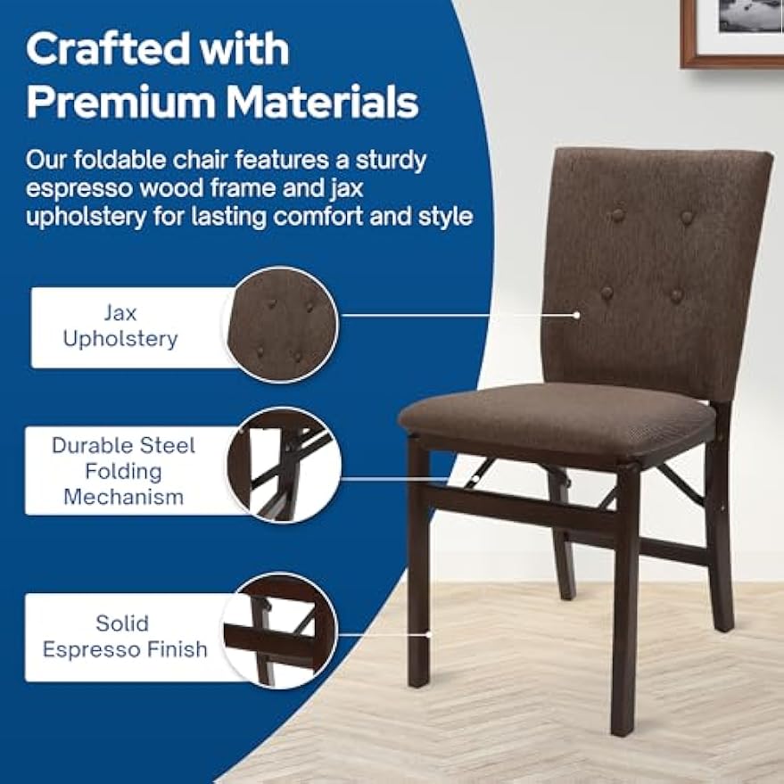 Stakmore Parson's Wooden Folding Chairs with Padded Seats, Set of 2 - No Assembly Foldable Dining Chairs, Steel Folding Mechanism, Upholstered Cushion, Space-Saving, Espresso Frame