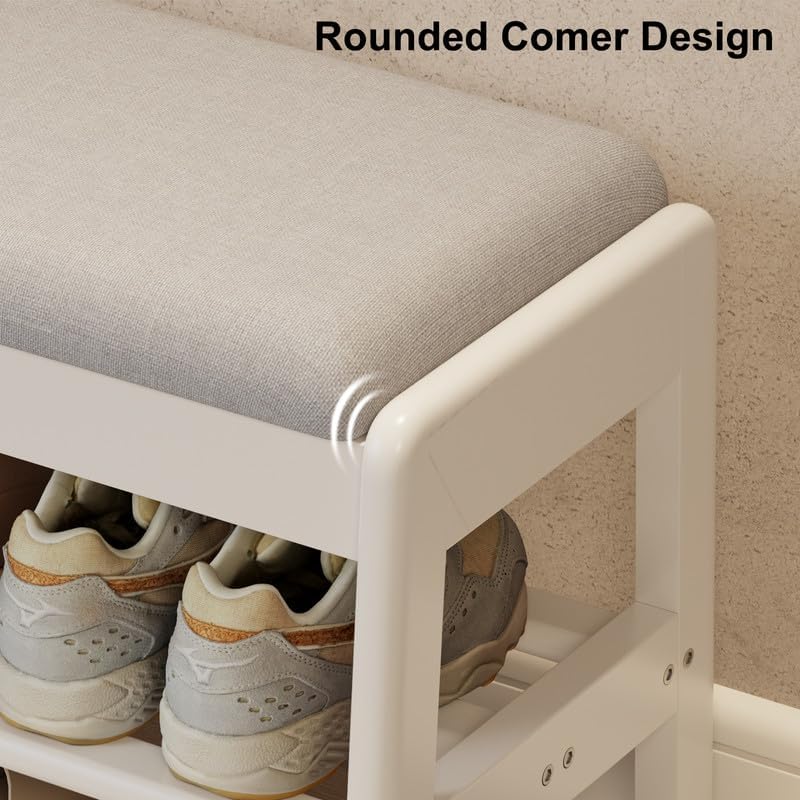 Shoe Rack Bench with Cushion,2 Tiers Shoe Bench with Flip-Top Storage,Wood Shoe Rack for Entryway,Hallway（White,39.3"）