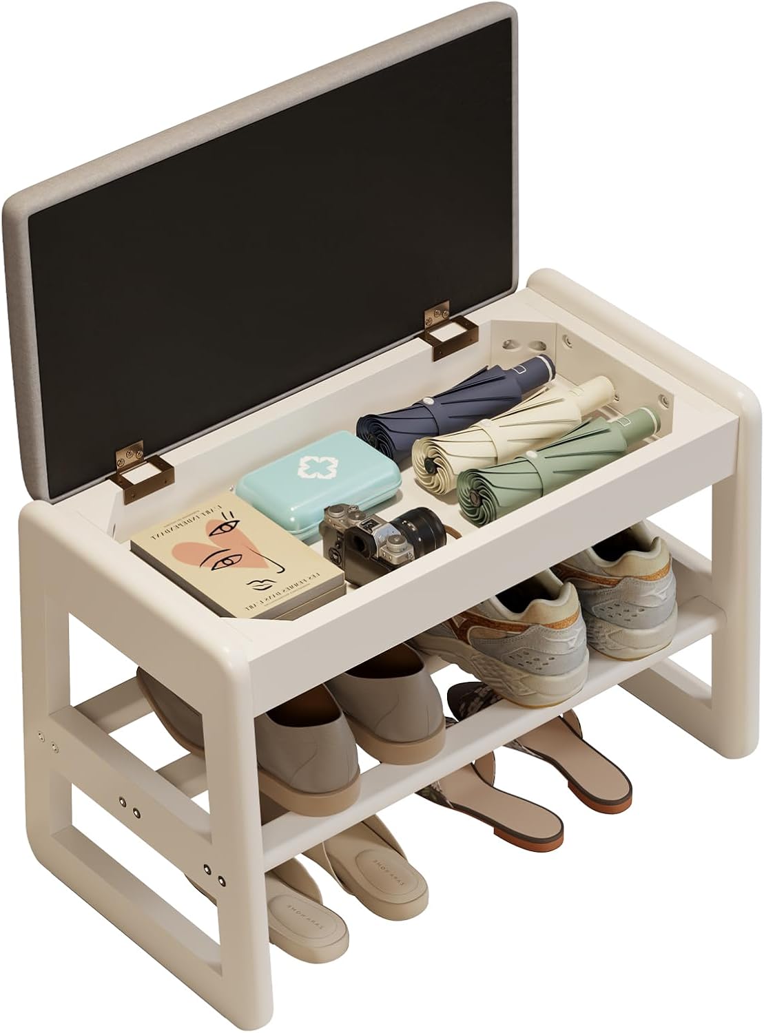 Shoe Rack Bench with Cushion,2 Tiers Shoe Bench with Flip-Top Storage,Wood Shoe Rack for Entryway,Hallway（White,39.3"）