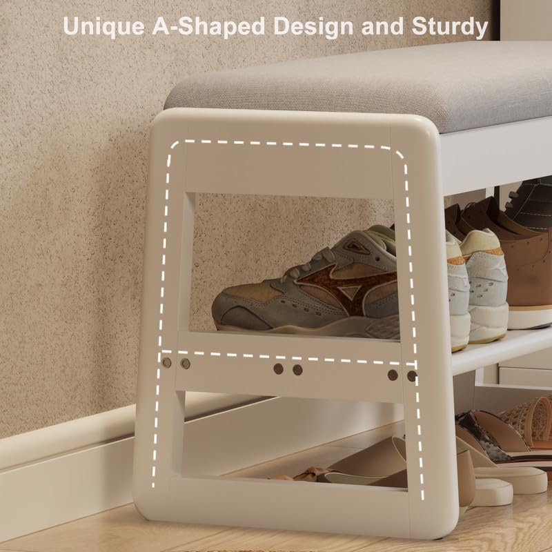 Shoe Rack Bench with Cushion,2 Tiers Shoe Bench with Flip-Top Storage,Wood Shoe Rack for Entryway,Hallway（White,39.3"）