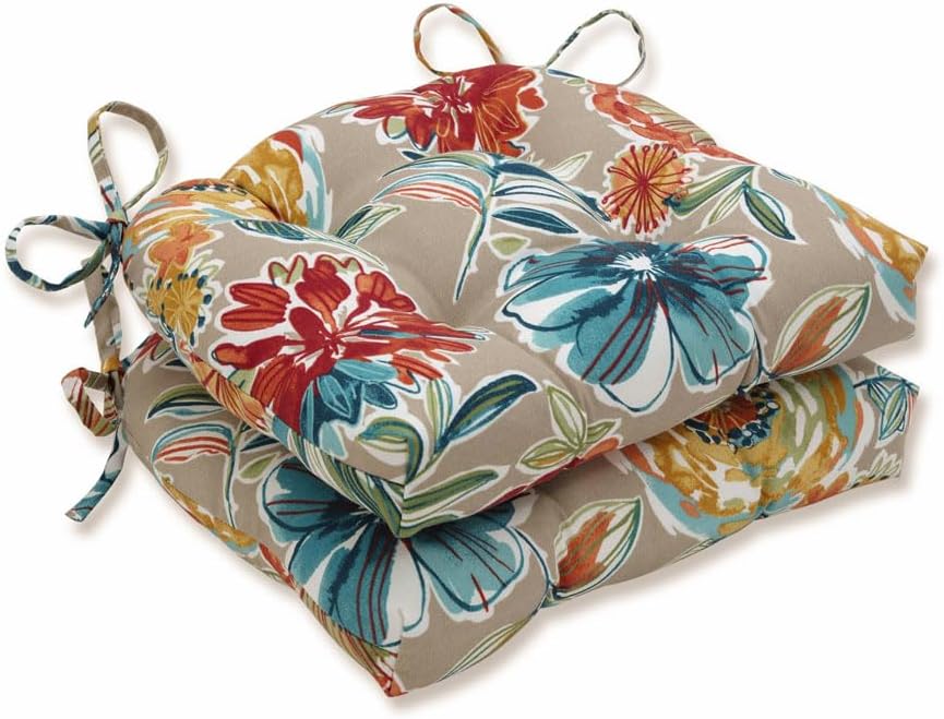 Pillow Perfect Bright Floral Indoor/Outdoor Chairpad with Ties Reversible, Tufted, Weather, and Fade Resistant, 15.5" x 16", Ivory Alastriste 2 Count