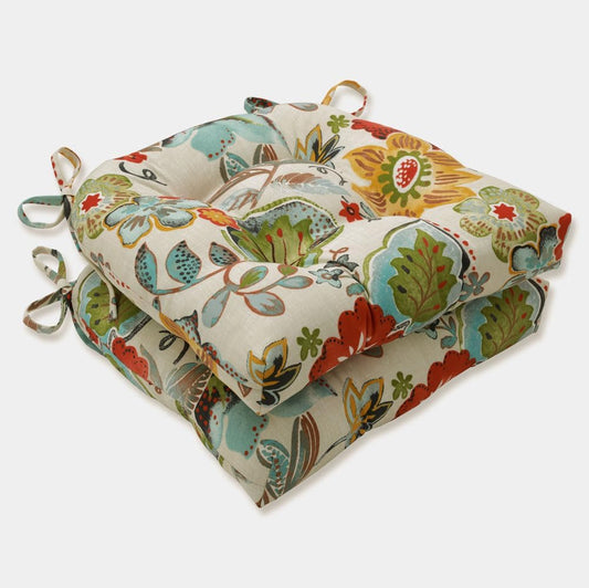Pillow Perfect Bright Floral Indoor/Outdoor Chairpad with Ties Reversible, Tufted, Weather, and Fade Resistant, 15.5" x 16", Ivory Alastriste 2 Count