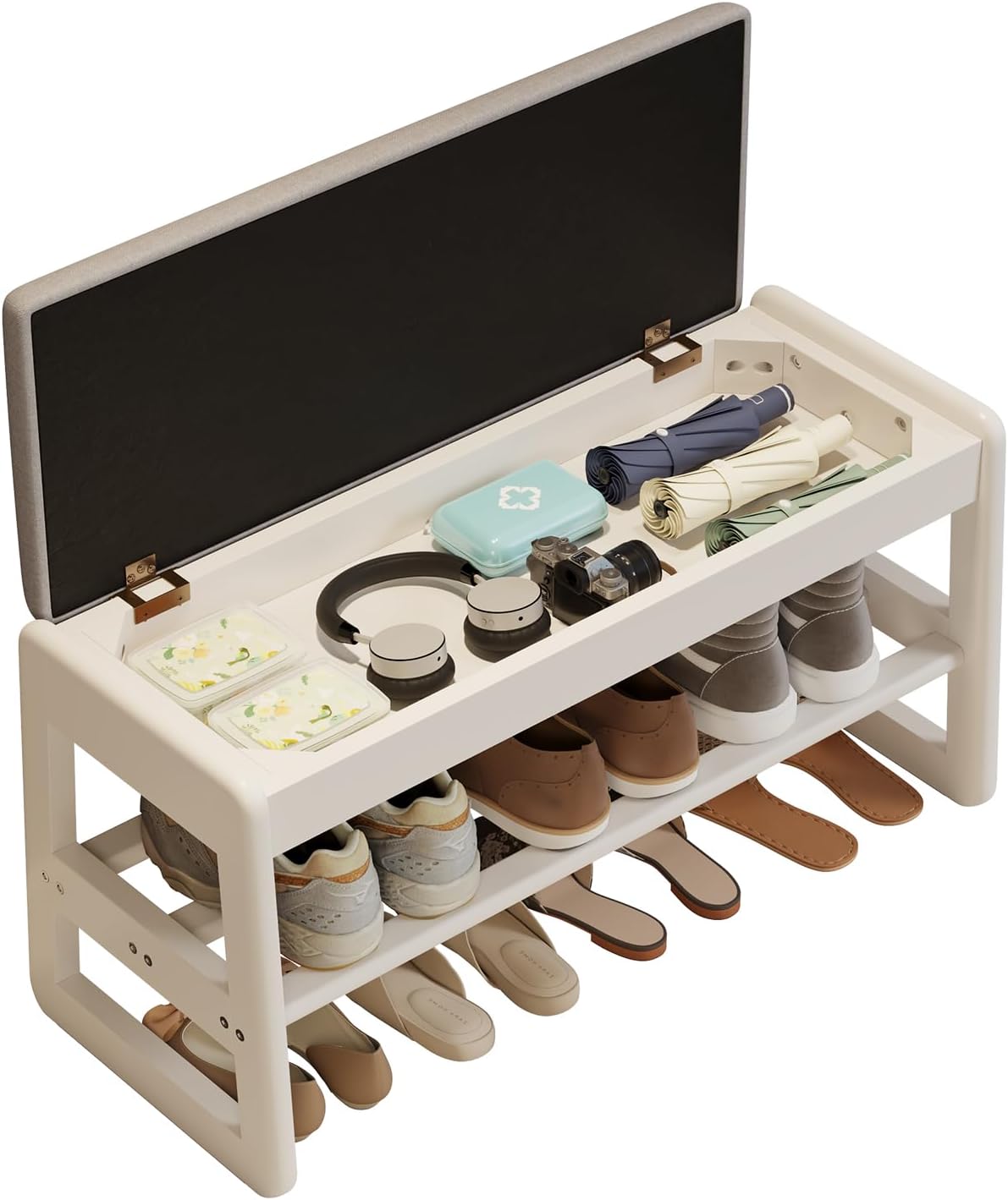 Shoe Rack Bench with Cushion,2 Tiers Shoe Bench with Flip-Top Storage,Wood Shoe Rack for Entryway,Hallway（White,39.3"）