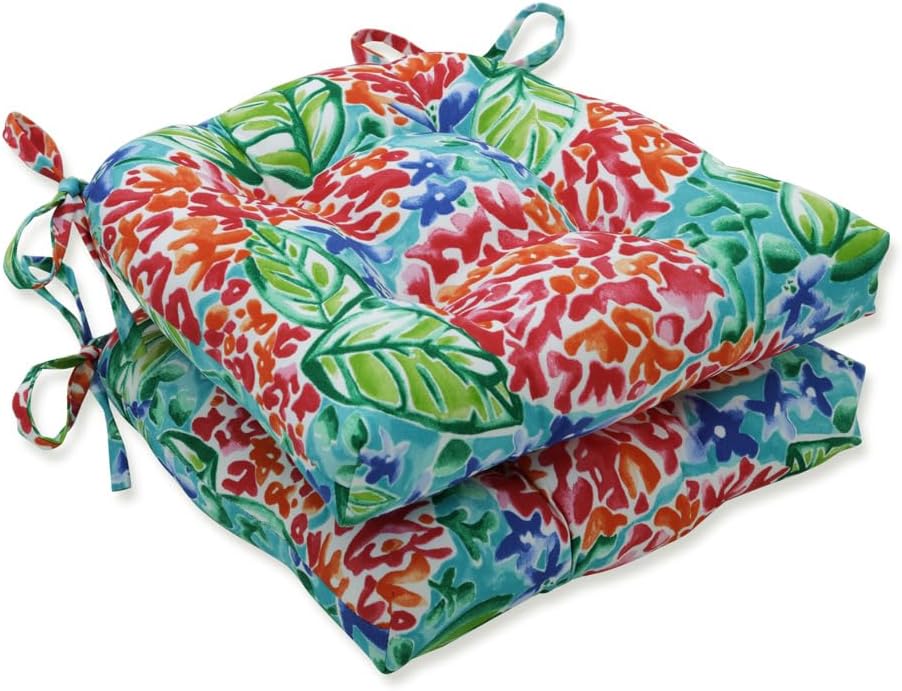 Pillow Perfect Bright Floral Indoor/Outdoor Chairpad with Ties Reversible, Tufted, Weather, and Fade Resistant, 15.5" x 16", Ivory Alastriste 2 Count