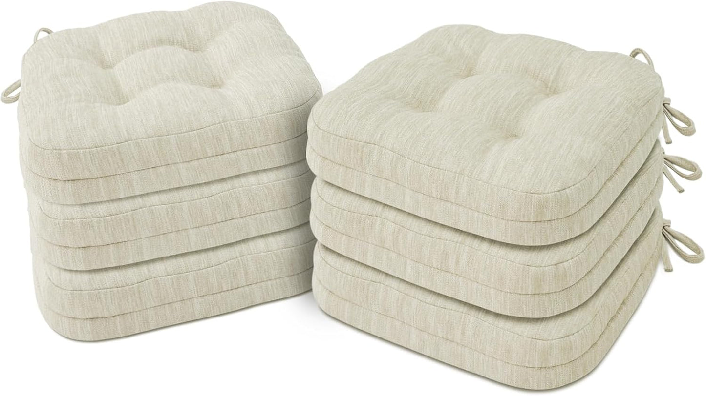 Shinnwa Dining Chair Cushions Set of 6, Dual-Layer Memory Foam Kitchen Chair Cushions, Patented Design Seat Pads with Ties, 16.5 x 16.5 x 3.5in, 6 Pack, Beige