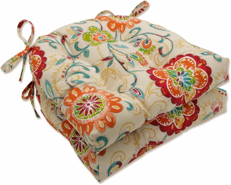 Pillow Perfect Bright Floral Indoor/Outdoor Chairpad with Ties Reversible, Tufted, Weather, and Fade Resistant, 15.5" x 16", Ivory Alastriste 2 Count