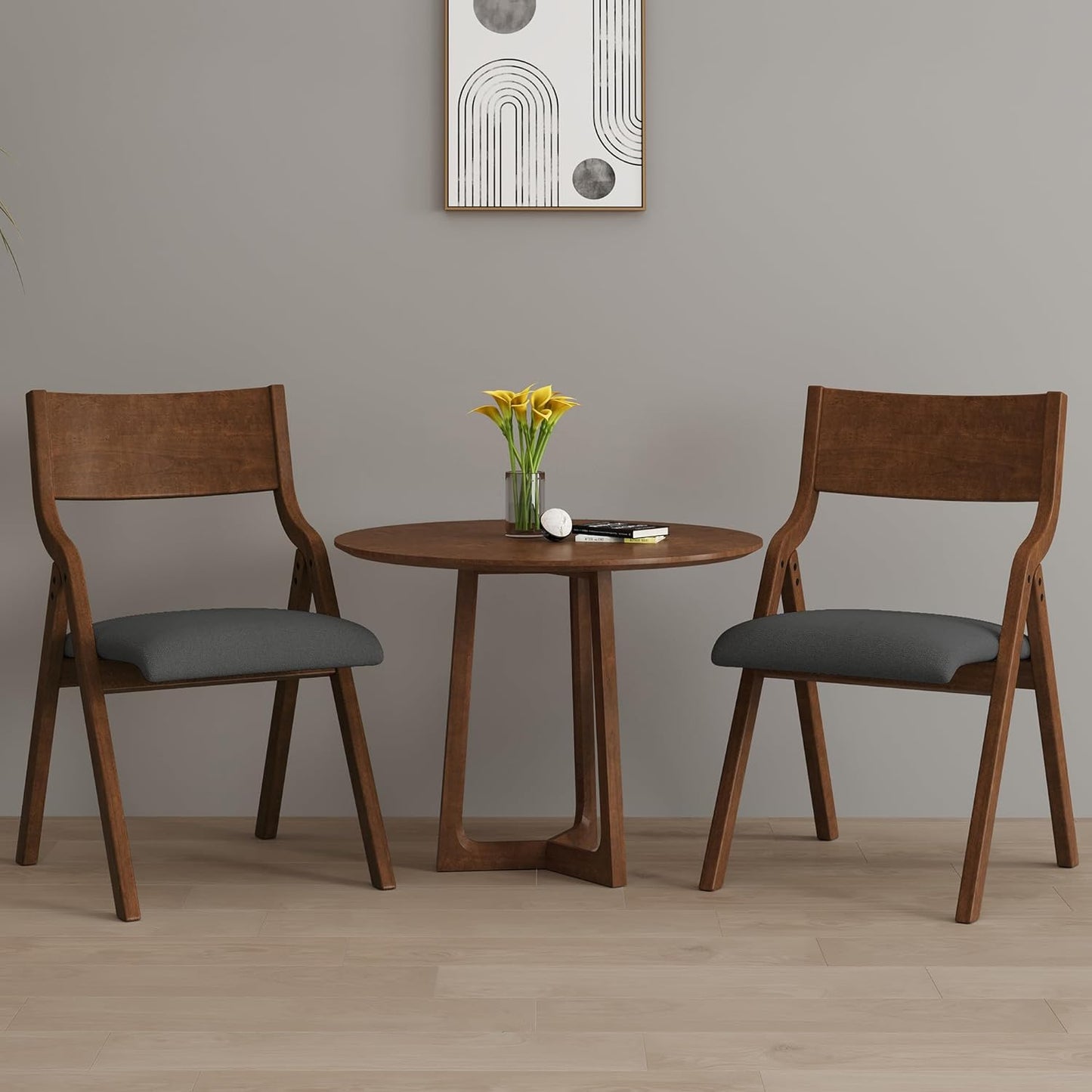 Ball & Cast Upholstered Folding Dining Chairs Set of 2, Foldable Wooden Chair 2-Pack, Portable Office-Chair for Kitchen Outdoor Activity, Easy Carry & Storage, Walnut+Grey
