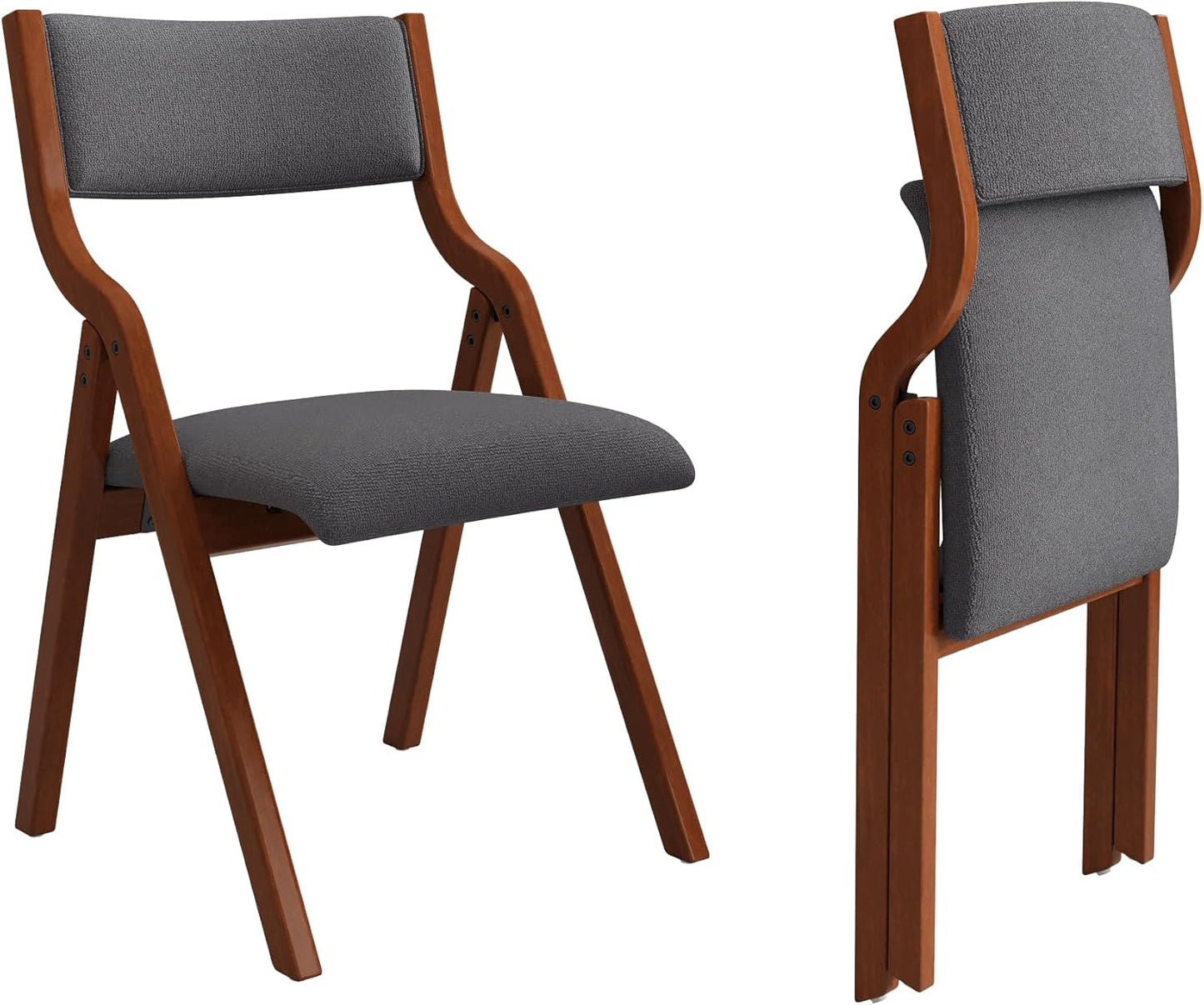 Ball & Cast Upholstered Folding Dining Chairs Set of 2, Foldable Wooden Chair 2-Pack, Portable Office-Chair for Kitchen Outdoor Activity, Easy Carry & Storage, Walnut+Grey