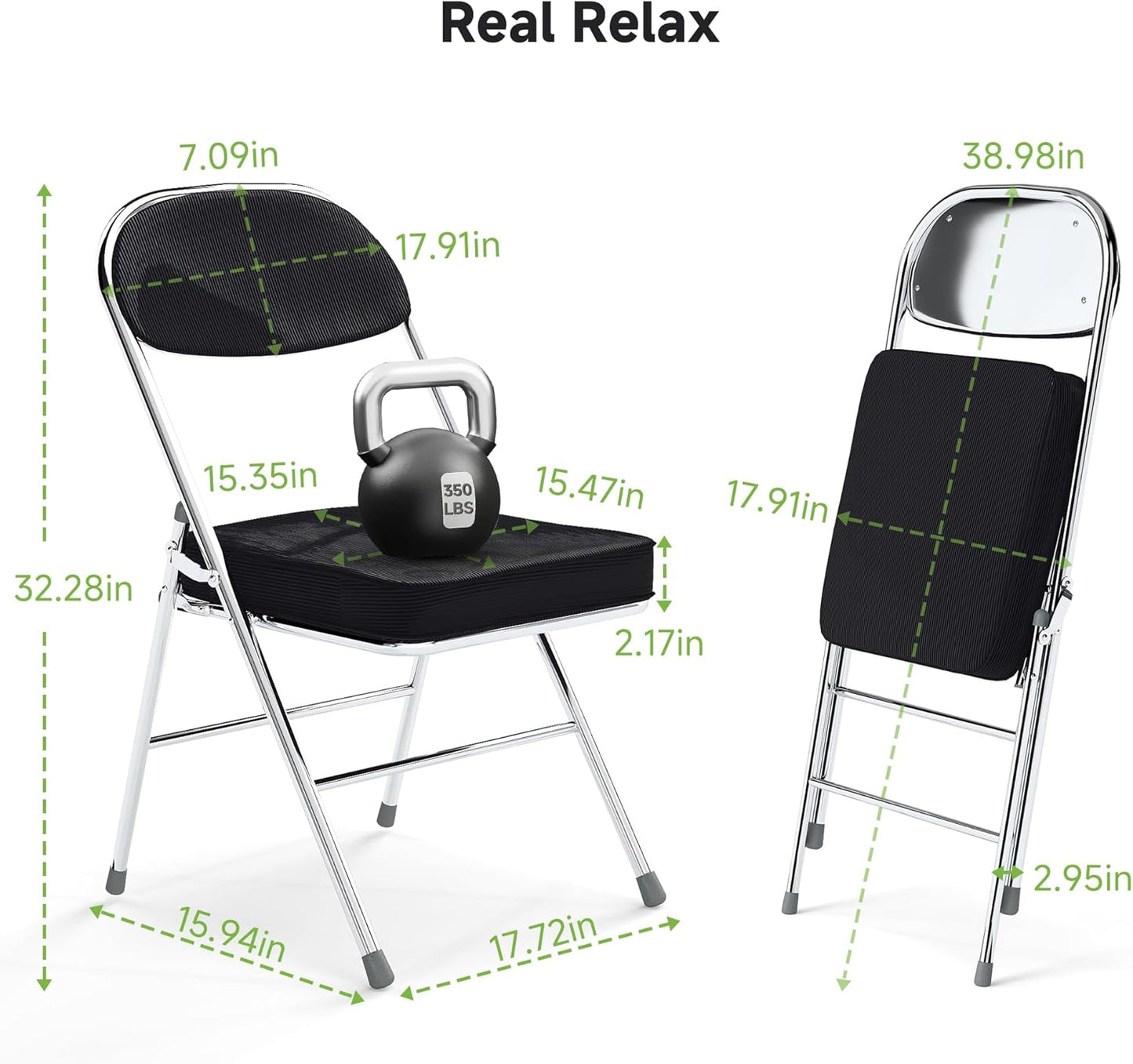 Real Relax Folding Chairs with Padded Thick Seat, Durable Corduroy Fabric, Portable Stackable Commercial Folding Office Chair with Steel Frame for Events Office Wedding Party, 350LB, 6 Pack, Black