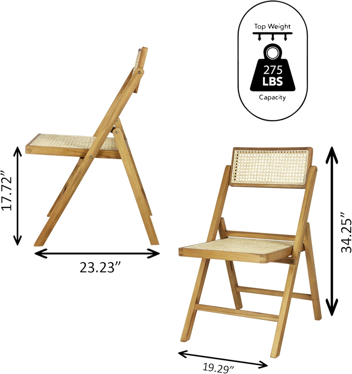 JONATHAN Y FLD1000A-SET2 Theo Mid-Century Vintage Wood Rattan Folding Chair with Adjustable Back Modern, Traditional, Bohemian, Classic, Scandinavian, Minimalist, Light Brown (Set of 2)