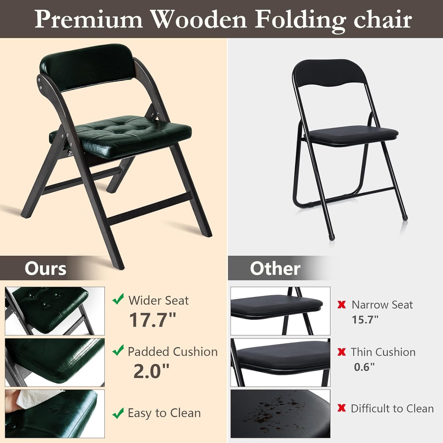Wooden Folding Chairs Set of 2, Folding Chairs with Padded Seats, 31" Stackable Folding Dining Chairs, Folding Extra Chair for Banquet Room, Bedroom, Party Chairs, Blackgreen