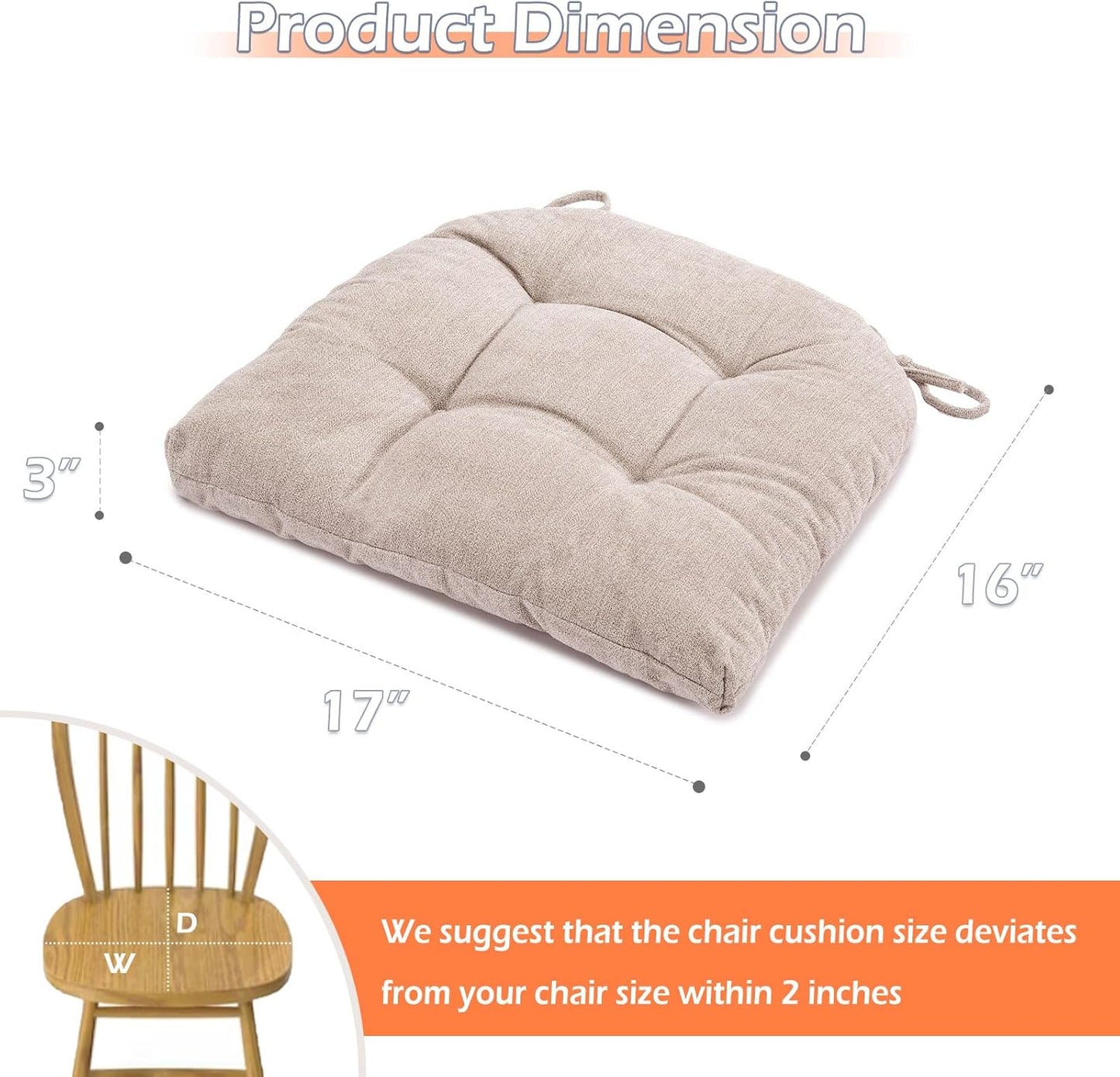 Chair Cushions for Dining Chairs Set of 6, Tufted Textured and Non-Slip Kitchen Chair Cushions Pads with Ties, Seat Cushions for Kitchen Patio Office Chairs, Beige