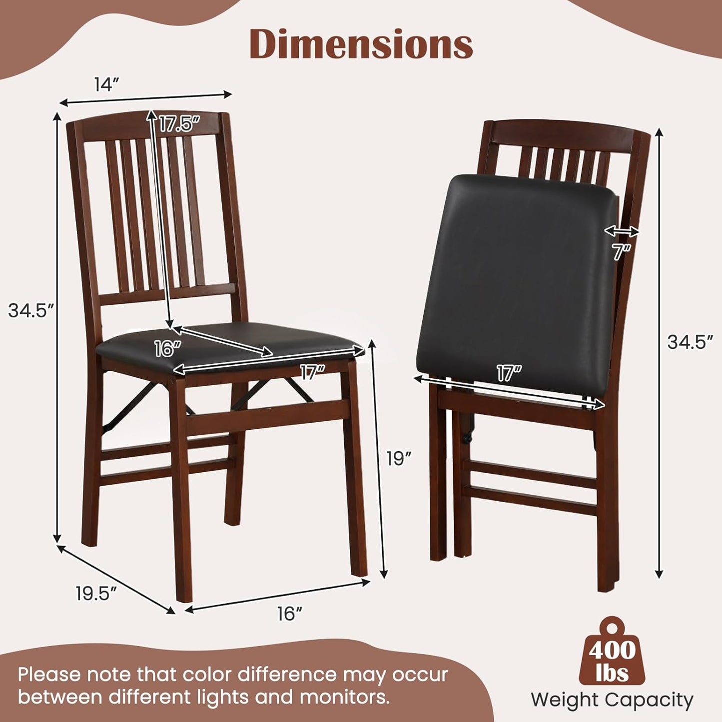 Giantex Folding Dining Chairs Set of 4, Solid Wood Frame, Foldable Wood Kitchen Chairs with Padded Seat, Max Load 400 Lbs, No Assembly, Armless Side Chairs for Apartment Dining Room, Brown & Black