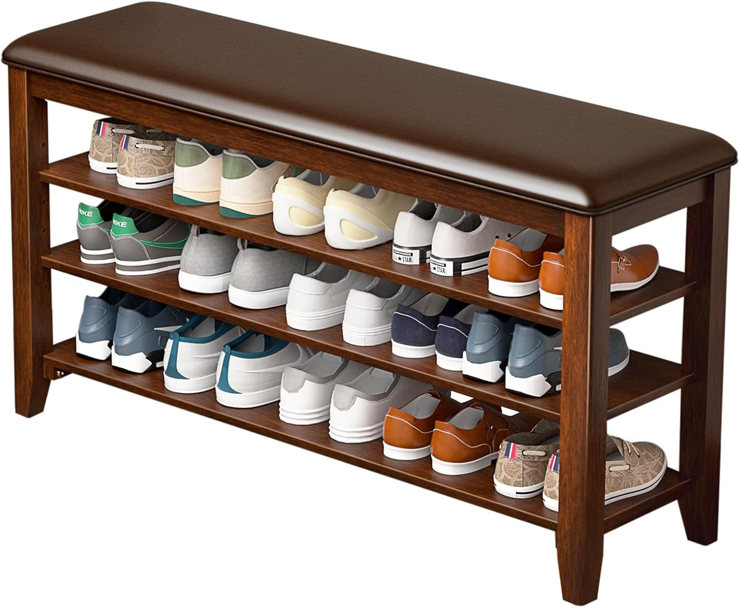 Shoe Bench Storage Rubberwood with Leather Cushion for Entryway Bench Ideal for Hallways Shoe Rack Front Doors Entrances Mudrooms Featuring 3 Height-Adjustable and Removable Shelves