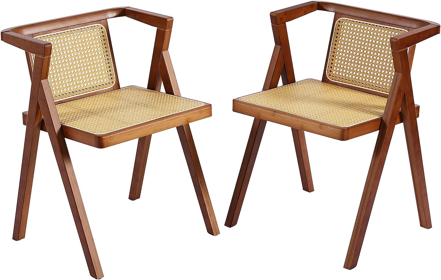 Rattan Folding Chairs, Modern Mid Century Dining Chairs Set of 2, Outdoor Bamboo Chairs for Bedroom Living Room Reading Room Dining Kitchen, Walnut