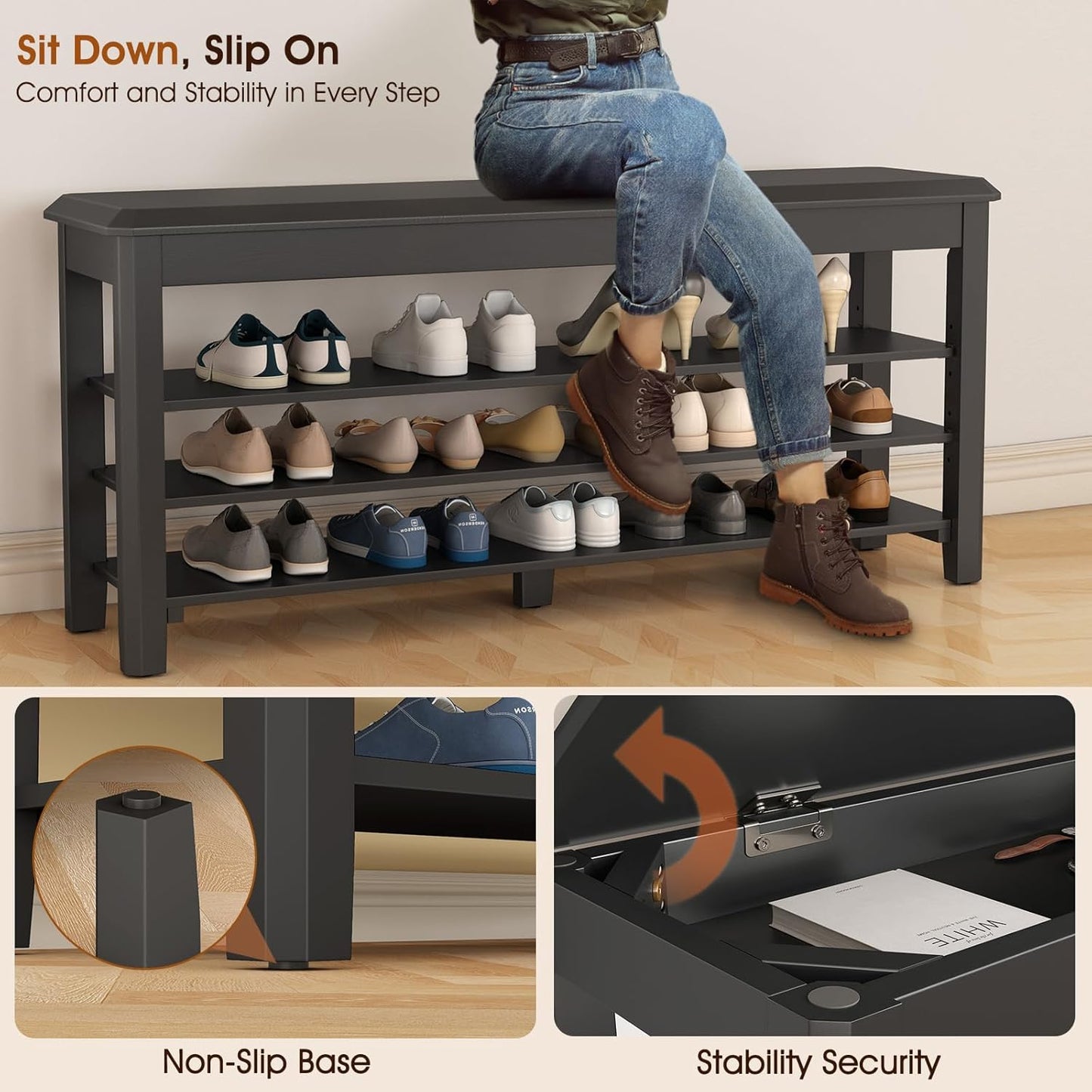 Shoe Rack Bench Seat Rubberwood 3-Tier Wooden Storage Bench 550lbs Compact Mid-Century Modern Design for Entryway, Hallway, Closet, Front Door Entrance, Foyer