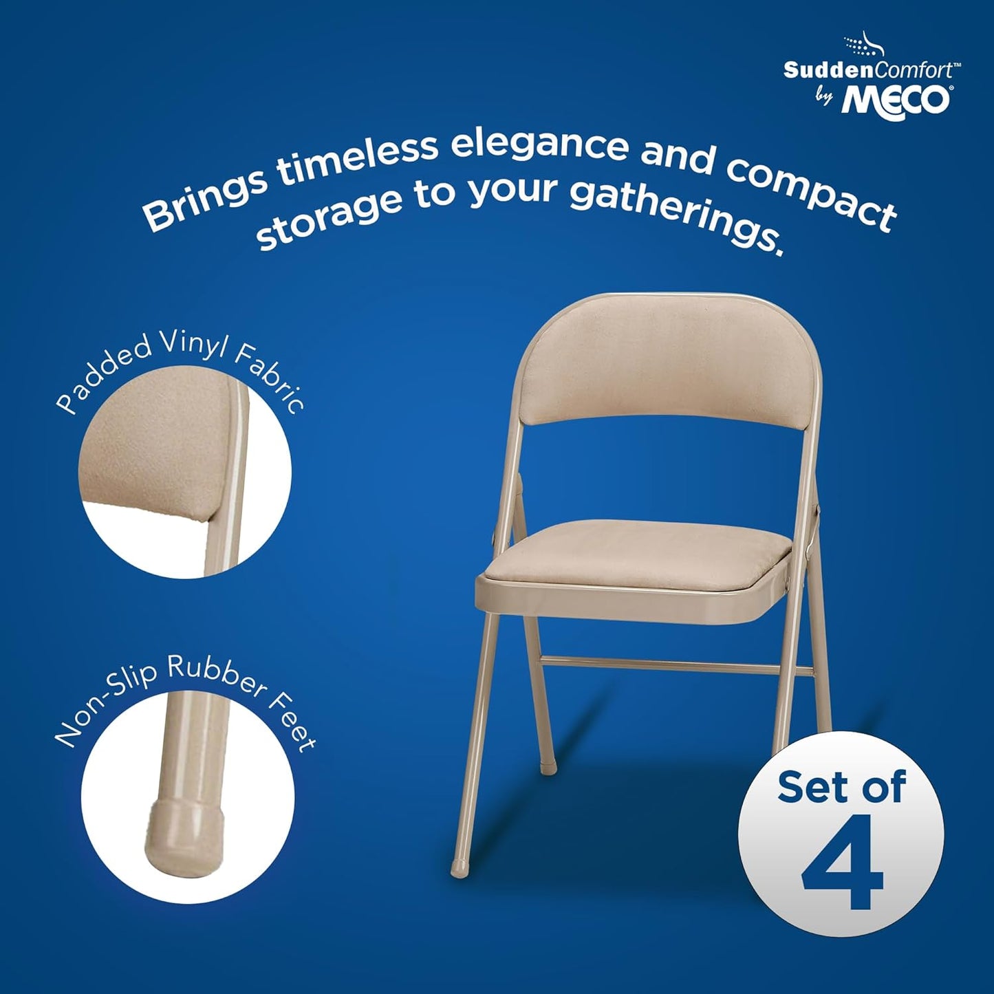MECO 4 Pack Padded Folding Chairs, Cushioned Sand Fabric Foldable Chair, Buff