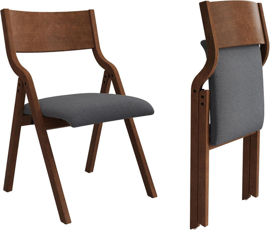 Ball & Cast Upholstered Folding Dining Chairs Set of 2, Foldable Wooden Chair 2-Pack, Portable Office-Chair for Kitchen Outdoor Activity, Easy Carry & Storage, Walnut+Grey