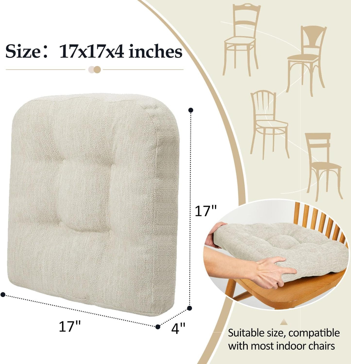 downluxe Chair Cushions for Dining Chairs 4 Pack, Tufted Indoor Chair Pads with Non-Slip Bottom, U-Shaped Kitchen Chair Cushions, 17"x17"x4", Beige