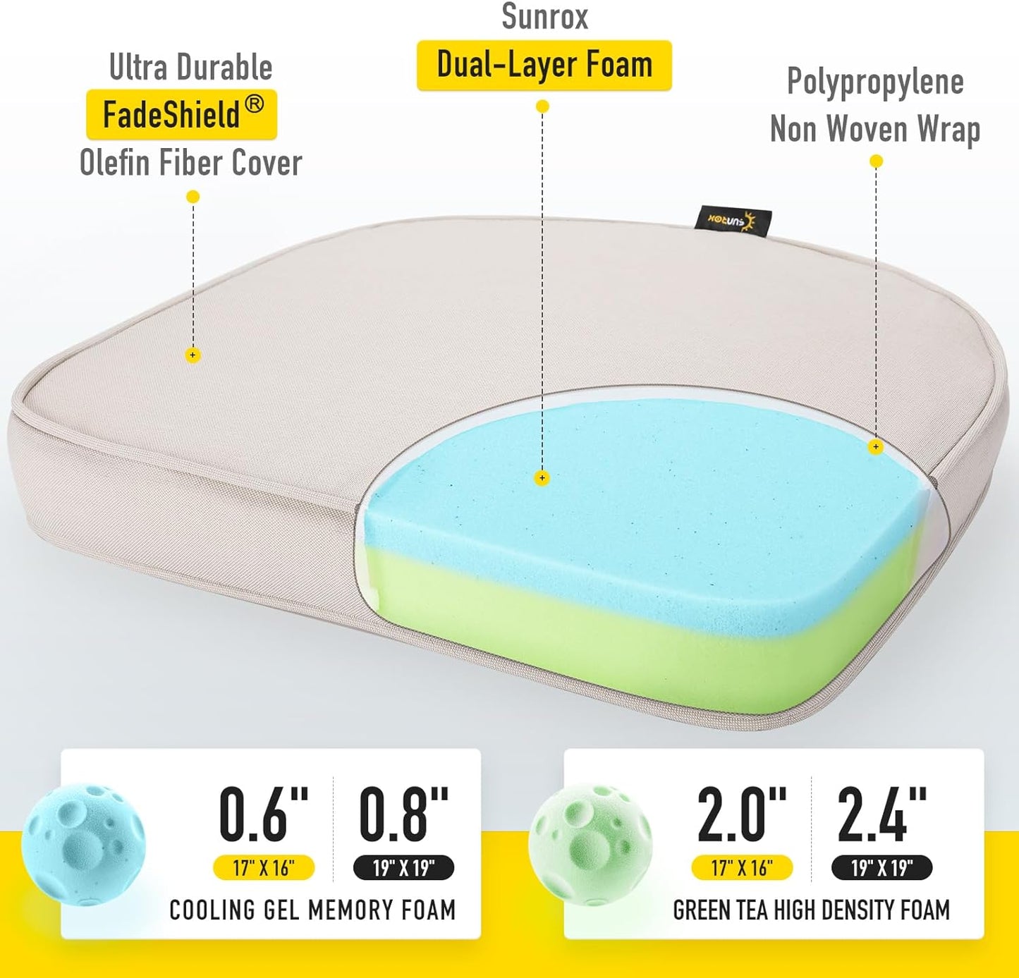 SUNROX Gel Memory Foam Chair Cushions, FadeShield Water-, Stain-Resistant Durable Reversible Seat Cushion Pads with Ties for Indoor/Outdoor Kitchen Dining Office, 17"x16", Set of 4, Cream