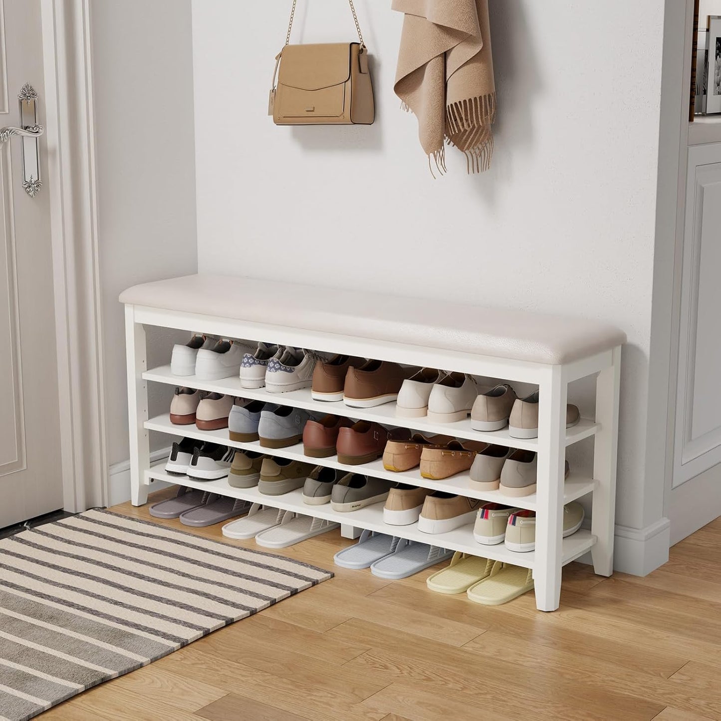 Shoe Bench with Leather Cushion, 3 Tiers Shoe Storage Bench Height Adjustable, Walnut Wood Entryway Bench for Hallway, Mudroom