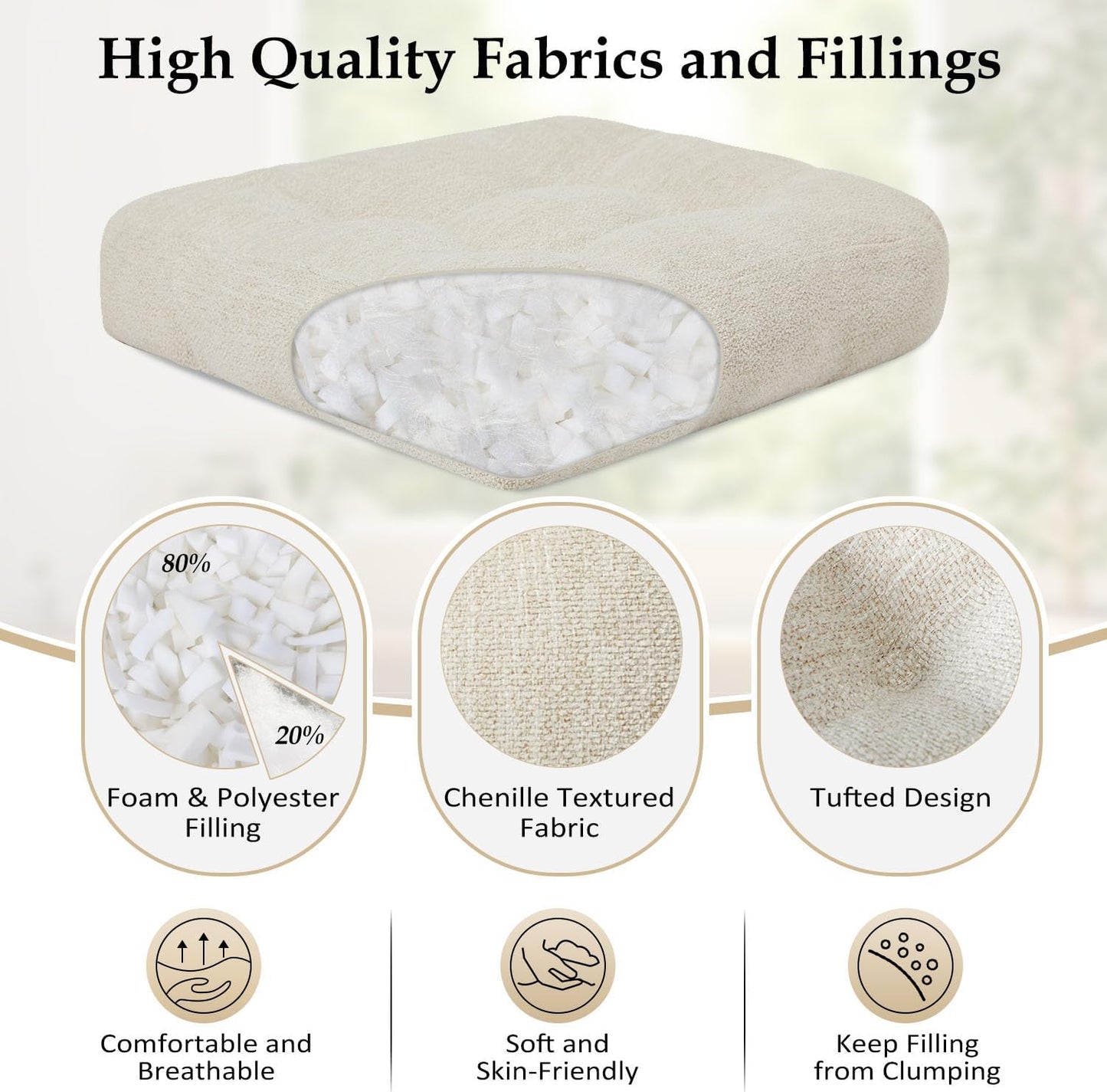downluxe Chair Cushions for Dining Chairs 4 Pack, Tufted Indoor Chair Pads with Non-Slip Bottom, U-Shaped Kitchen Chair Cushions, 17"x17"x4", Beige