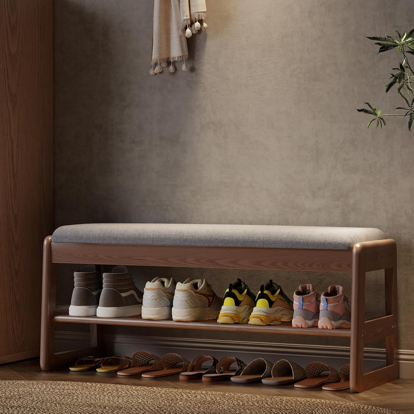 Shoe Rack Bench with Cushion,2 Tiers Shoe Bench with Flip-Top Storage,Wood Shoe Rack for Entryway,Hallway（White,39.3"）