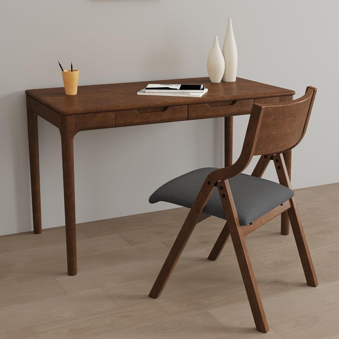 Ball & Cast Upholstered Folding Dining Chairs Set of 2, Foldable Wooden Chair 2-Pack, Portable Office-Chair for Kitchen Outdoor Activity, Easy Carry & Storage, Walnut+Grey