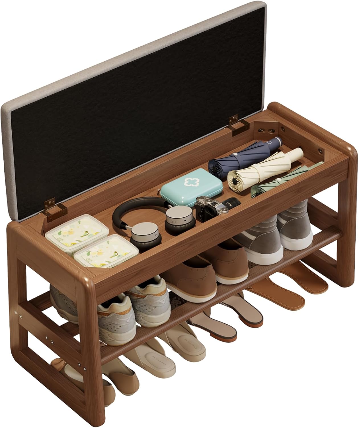 Shoe Rack Bench with Cushion,2 Tiers Shoe Bench with Flip-Top Storage,Wood Shoe Rack for Entryway,Hallway（White,39.3"）