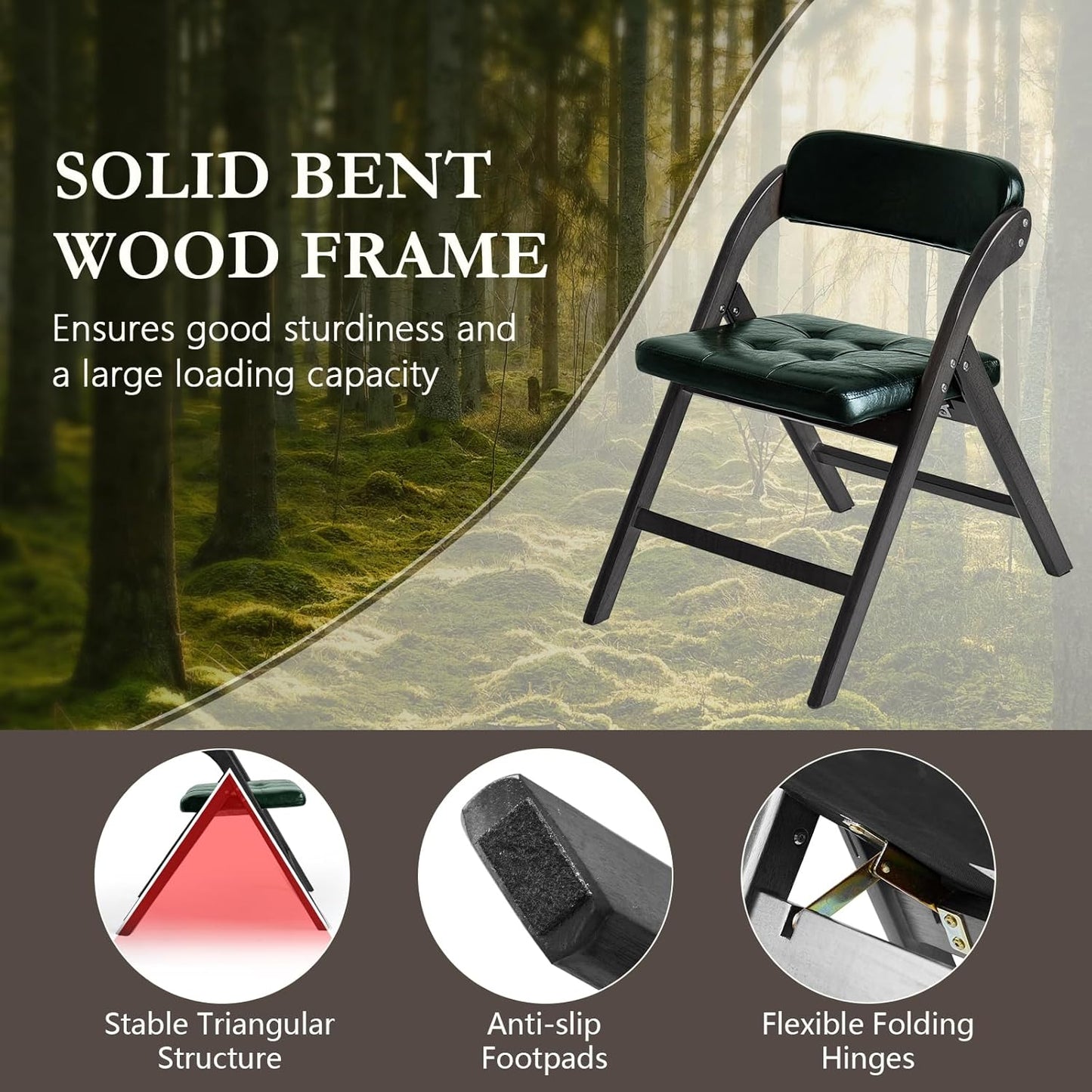 Wooden Folding Chairs Set of 2, Folding Chairs with Padded Seats, 31" Stackable Folding Dining Chairs, Folding Extra Chair for Banquet Room, Bedroom, Party Chairs, Blackgreen