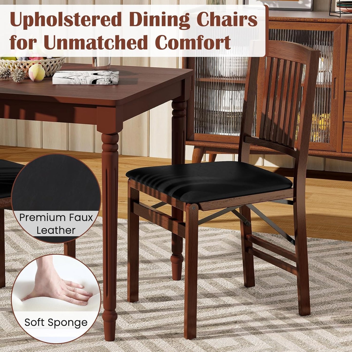 Giantex Folding Dining Chairs Set of 4, Solid Wood Frame, Foldable Wood Kitchen Chairs with Padded Seat, Max Load 400 Lbs, No Assembly, Armless Side Chairs for Apartment Dining Room, Brown & Black