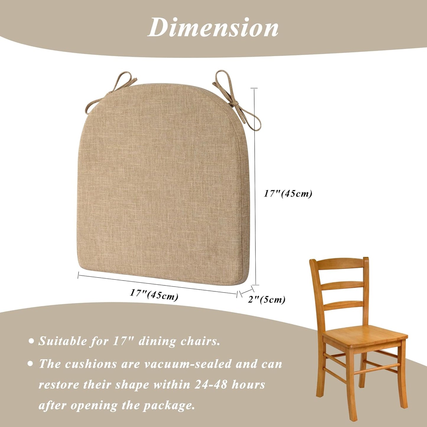 Chair Cushions for Dining Chairs 4 Pack Textured U-Shaped Kitchen Chair Cushions with Ties and Non-Slip Backing Indoor Chair Pads with Removable Cover (17"x17" Beige)