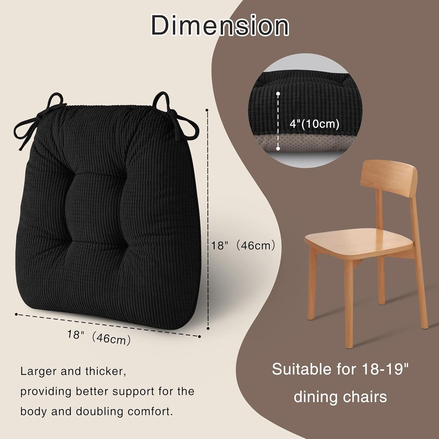 OVOV Chair Cushions for Dining Chairs Set of 4 Non-Slip Kitchen Seat Cushions 18" x 18" x 4" Indoor Seat Pads with Ties Black